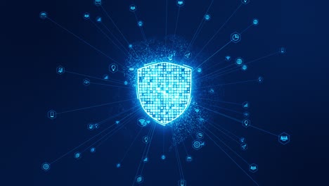 gráfico de movimiento del escudo de seguridad azul y la esfera de la tierra con conexión de línea y transferencia de datos a la tecnología futurista icono en fondo abstracto concepto de seguridad de red video de bucle sin costuras