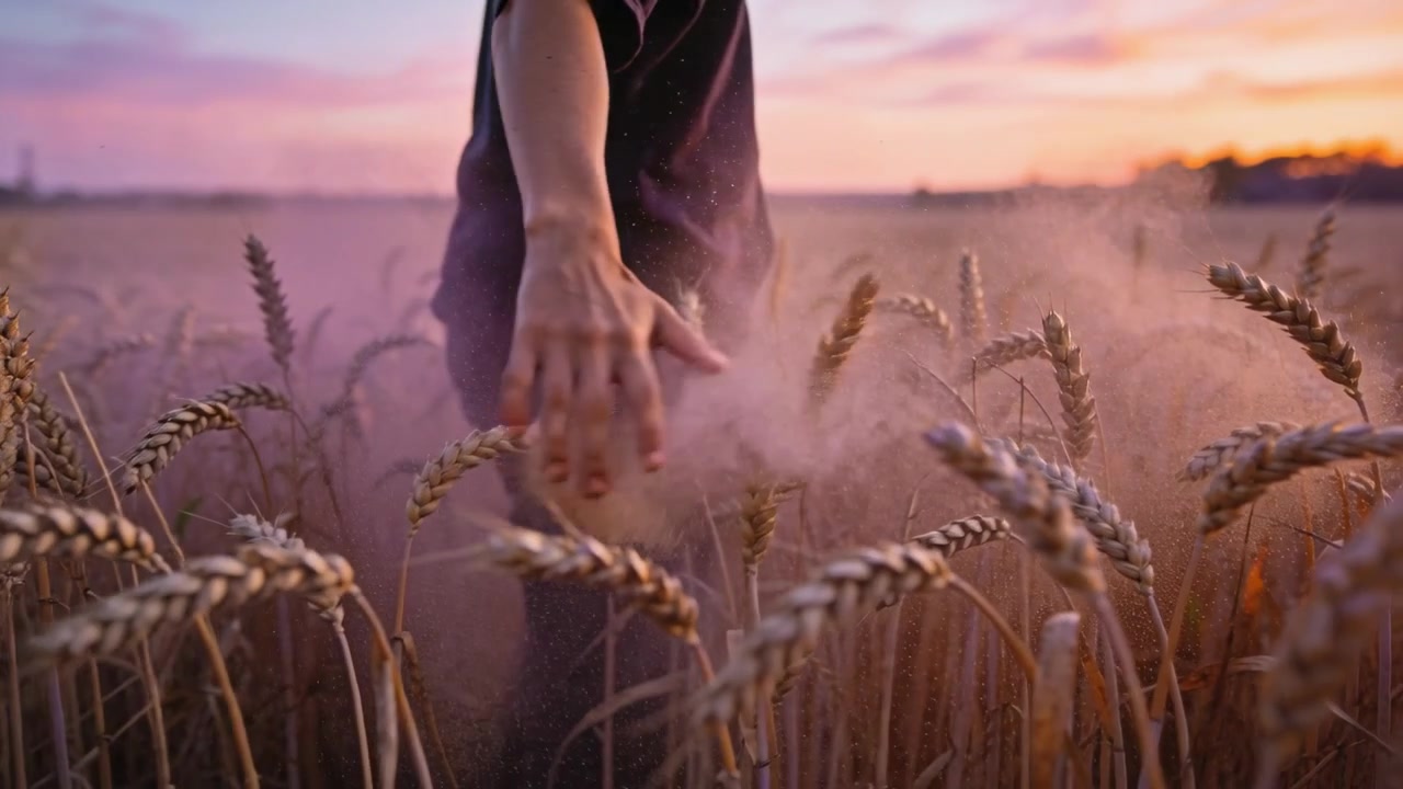 Un adulto con un top scuro cammina nel grano maturo, alla ricerca del tramonto, con la mano che agita sollevando polvere rosa.