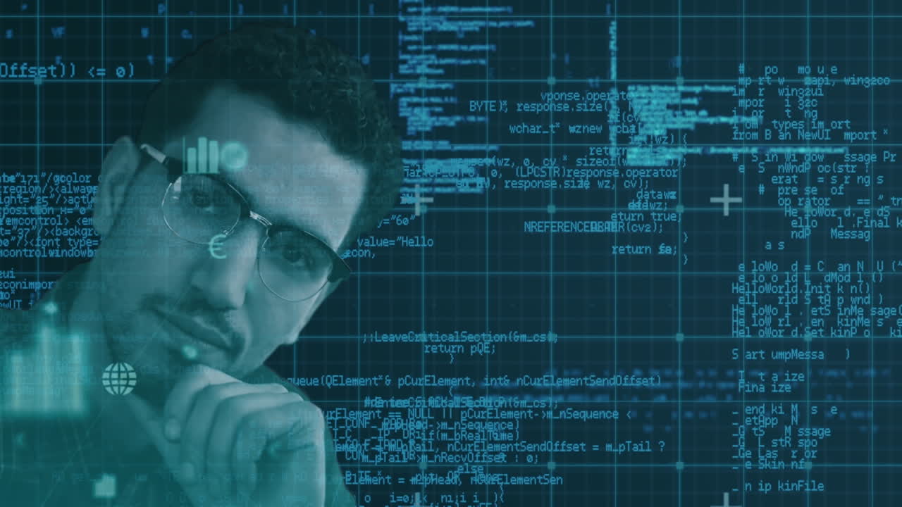 animación del retrato de un hombre pensativo y procesamiento de datos azules sobre la cuadrícula