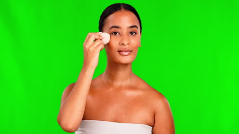 Green-screen,-woman-and-makeup-sponge-for-face