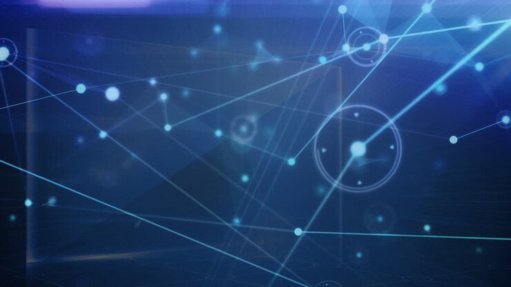 Animation of network of connections and light trails against blue background