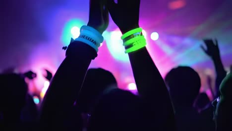 fans clapping and cheering with glow stick bracelets at a concert, enjoying live music and vibrant lights, dancing and celebrating together in a lively crowd filled with energy