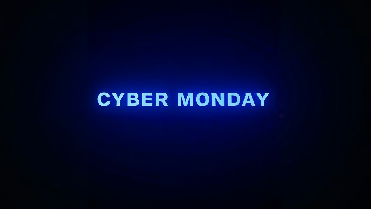 Animating neon arc from left sweeping clockwise, encircling CYBER MONDAY to promote sale in studio