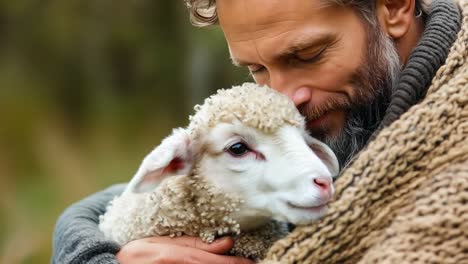 a man holding a baby lamb in his arms