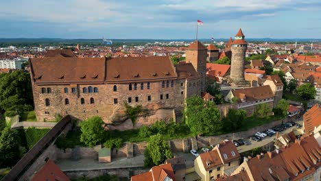 4k aerial drone video of the kaiserburg nürnberg imperial castle in downtown nurnberg, germany
