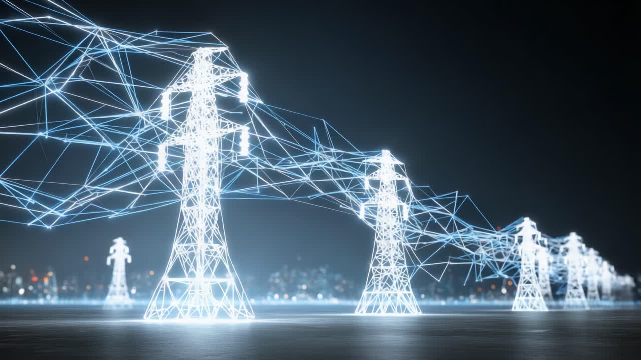 En futuristisk fremstilling av kraftoverføringslinjer opplyst med digital tilkobling, som viser integreringen av energi og teknologi i urbane landskap.