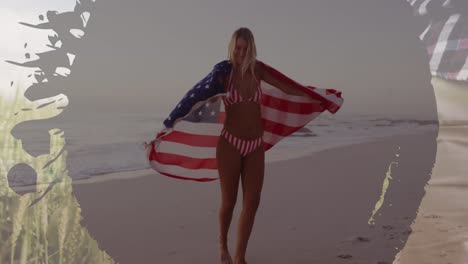 Animation-Des-Rahmens-über-Einer-Kaukasischen-Frau-Mit-USA-Flagge,-Die-Am-Strand-Tanzt