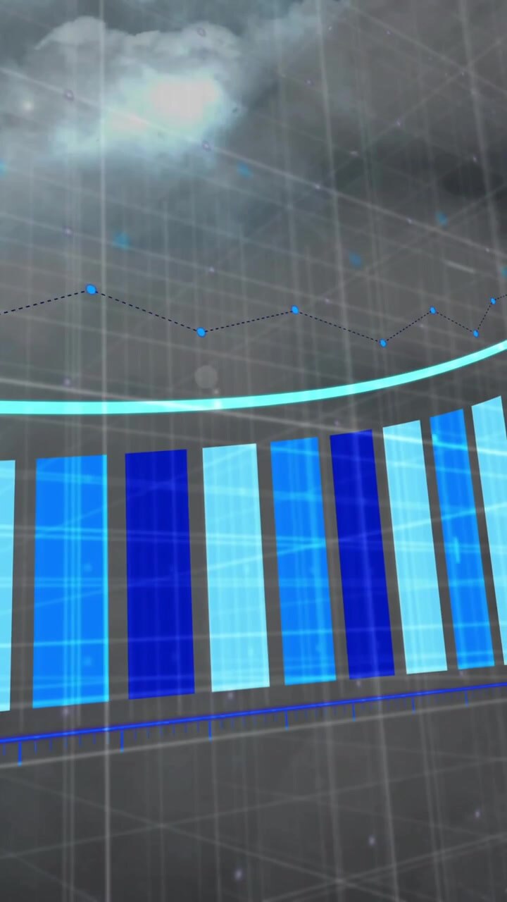 Animation of blue diagrams and arrow over storm