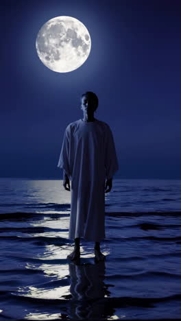 woman in long dress on a moonlit beach