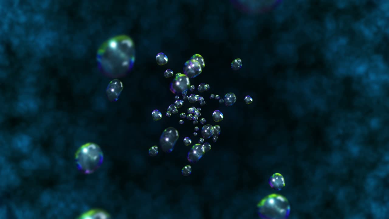 검은 바탕에 많은 물방울이 날아가고, 순수한 물방울, 투명한 표면, 공기 거품이 회전하는 3d 애니메이션, 루프 애니메이션.
