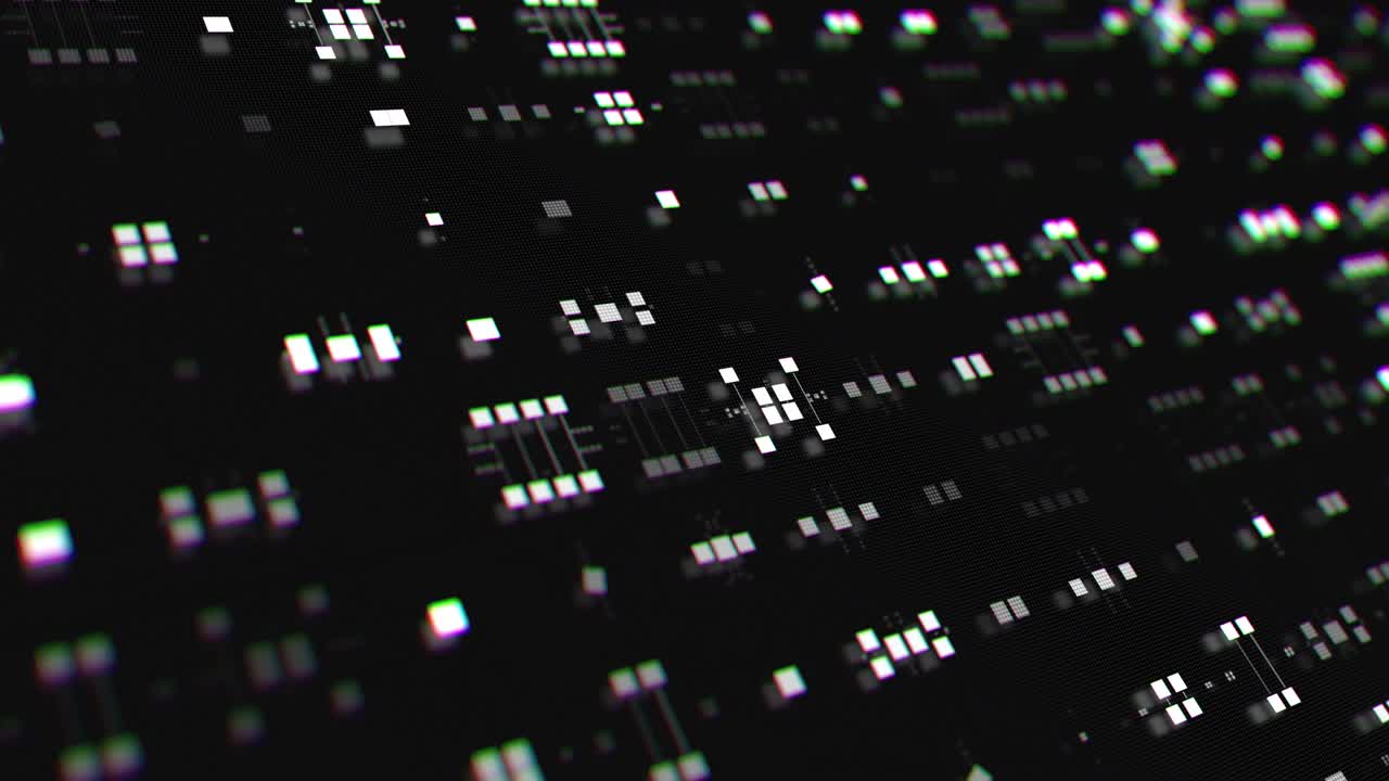 renderizado en 3d de símbolos de datos detallados abstractos. elementos cuadrados. piso reflectante.