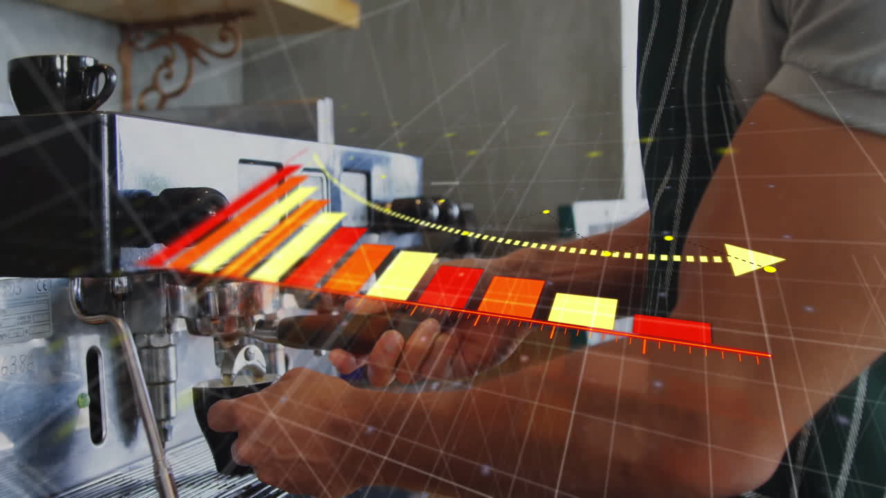 barista locking portafilter into espresso machine, showing augmented reality data graph