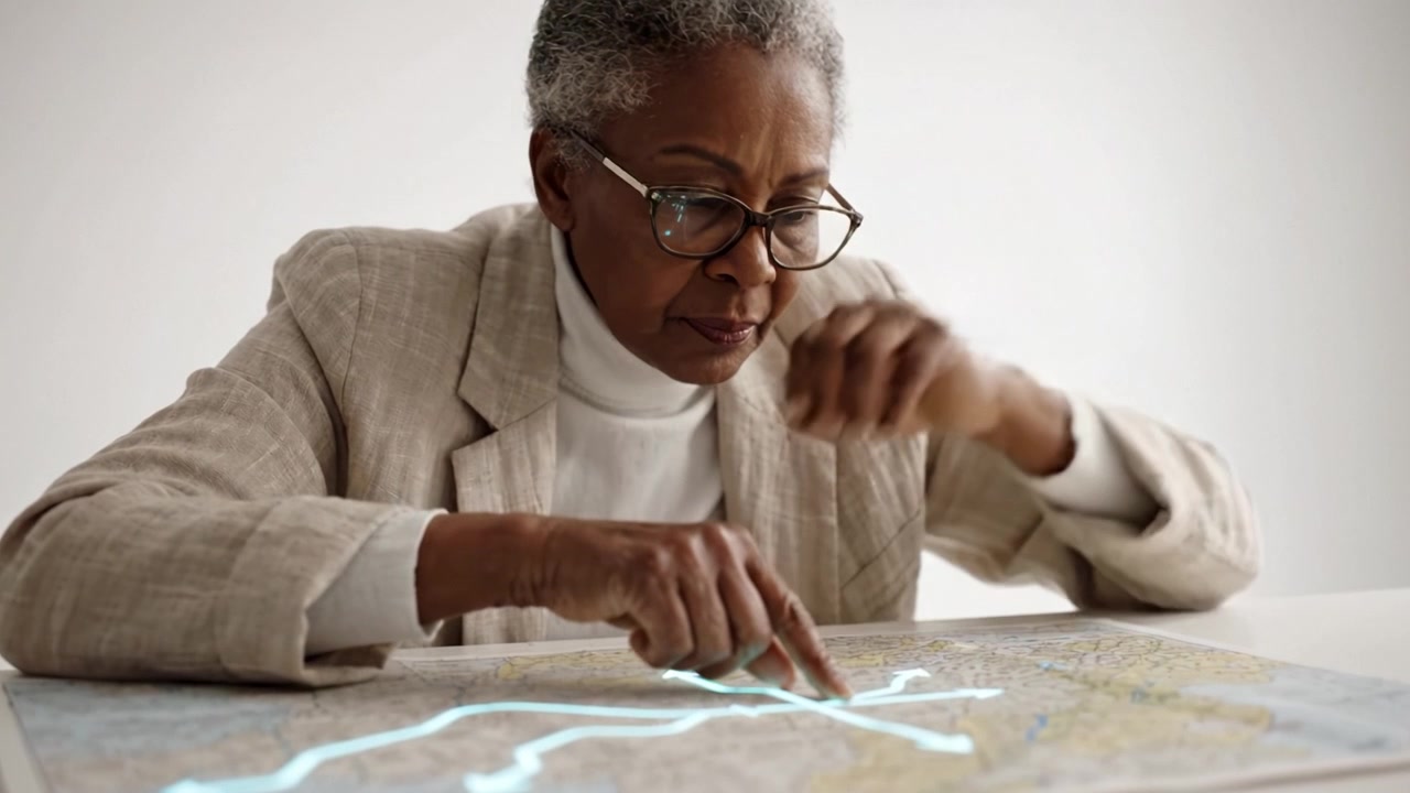 Focused Elderly Woman Examining a Map with Intense Concentration for Navigation or Journey Planning, Demonstrating Careful Attention to Detail and Exploration