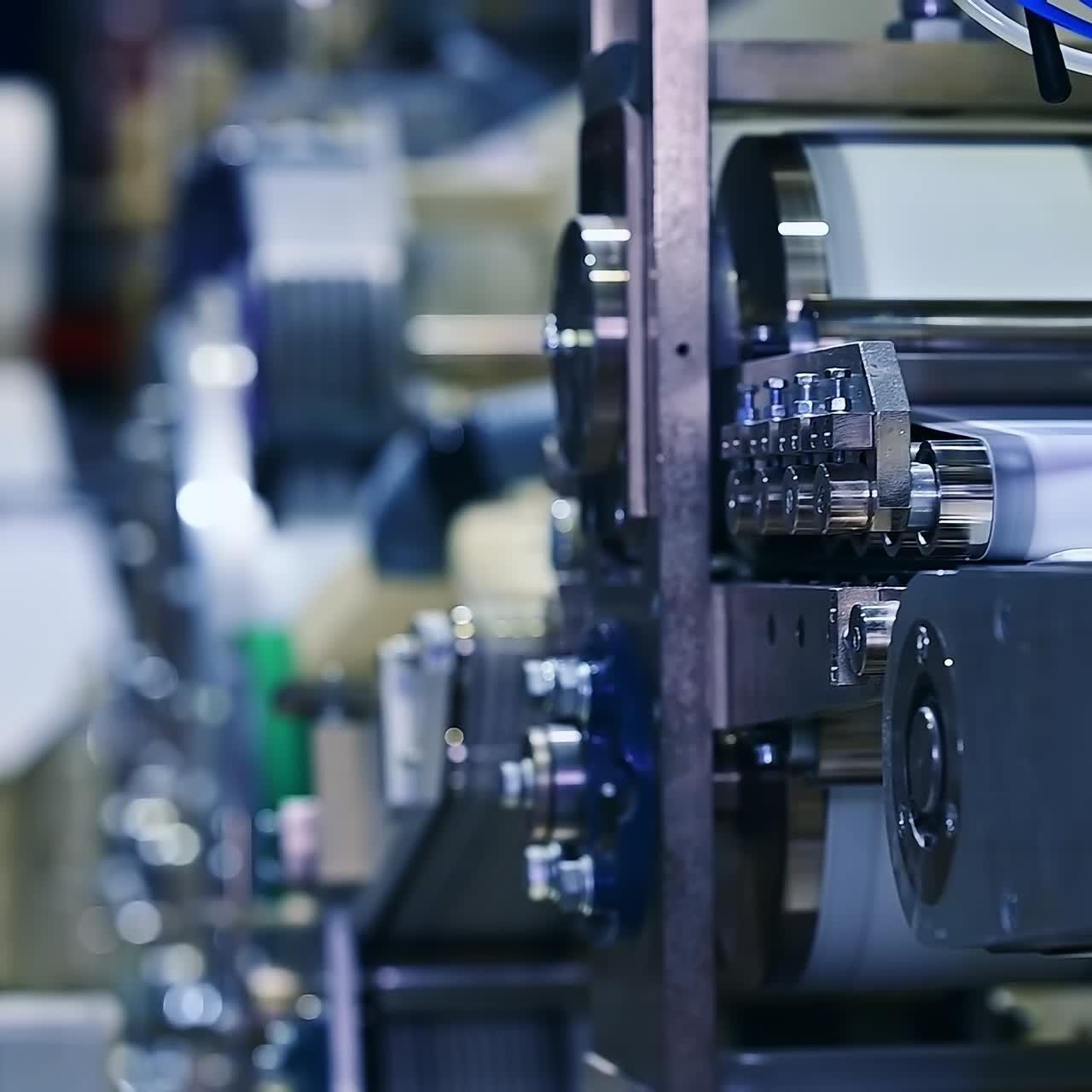 Automated mechanisms working harmoniously at the factory producing diapers. Conveyor line passing nappies side view