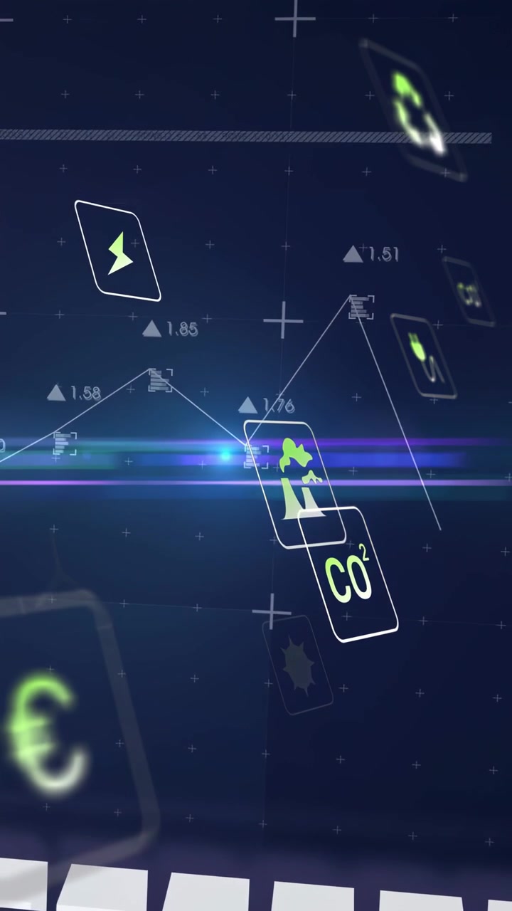 Vertical video: HUD cards rotating and moving over grid, flare causing graph showing CO2 energy