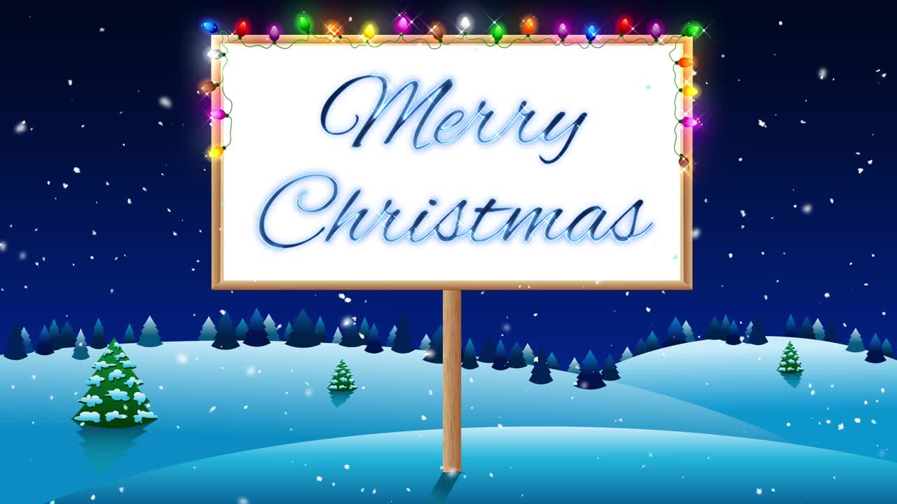 크리스마스 조명과 문자 메리 크리스마스와 함께 겨울 밤의 광고판.