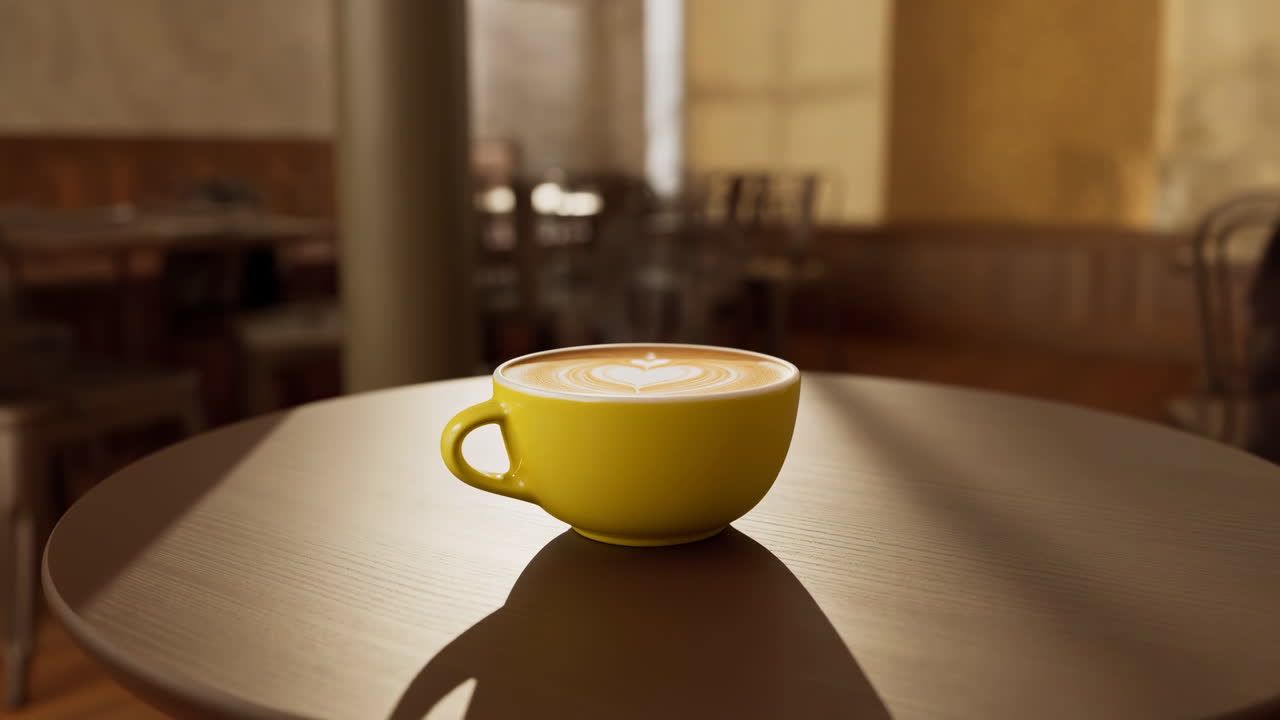 Tazza di latte gialla su tavolo di legno, luce mattutina soffusa, latte art a forma di cuore, ombra calda sul piano del tavolo, vuota.