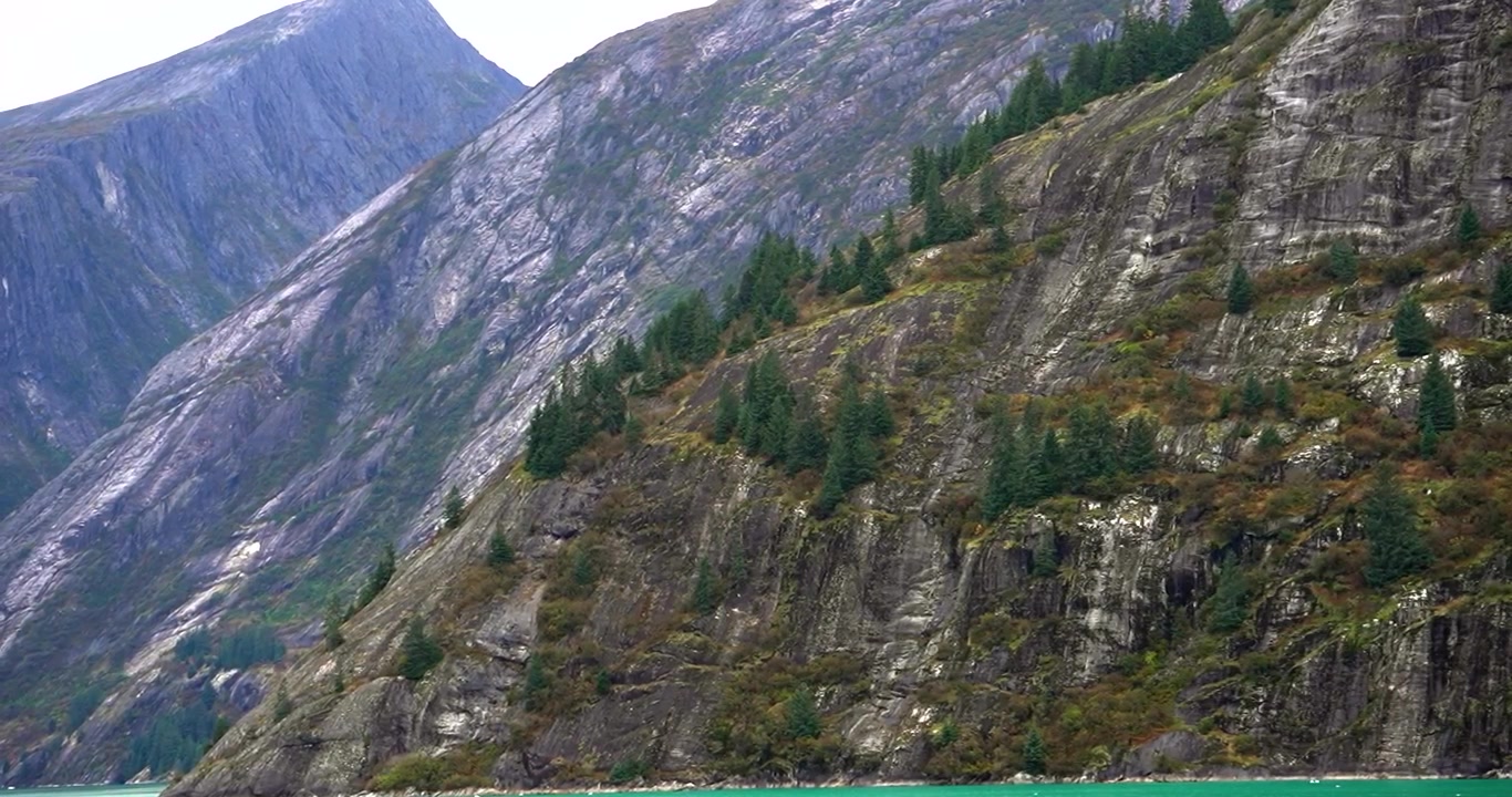 Nærbilde av steinete fjellrygger i Tracy Arm Fjord, Alaska