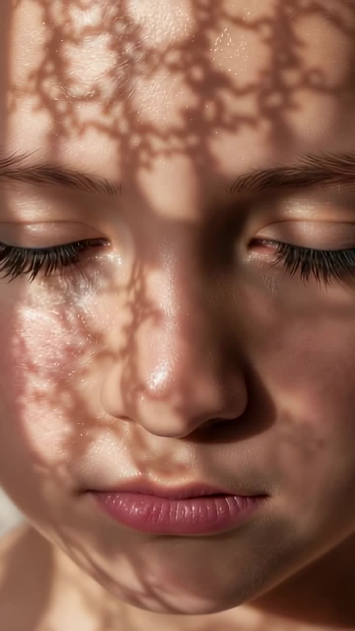 Vertical video: Opening eyes, child shifting gaze to camera in studio from light shift, lace shadow
