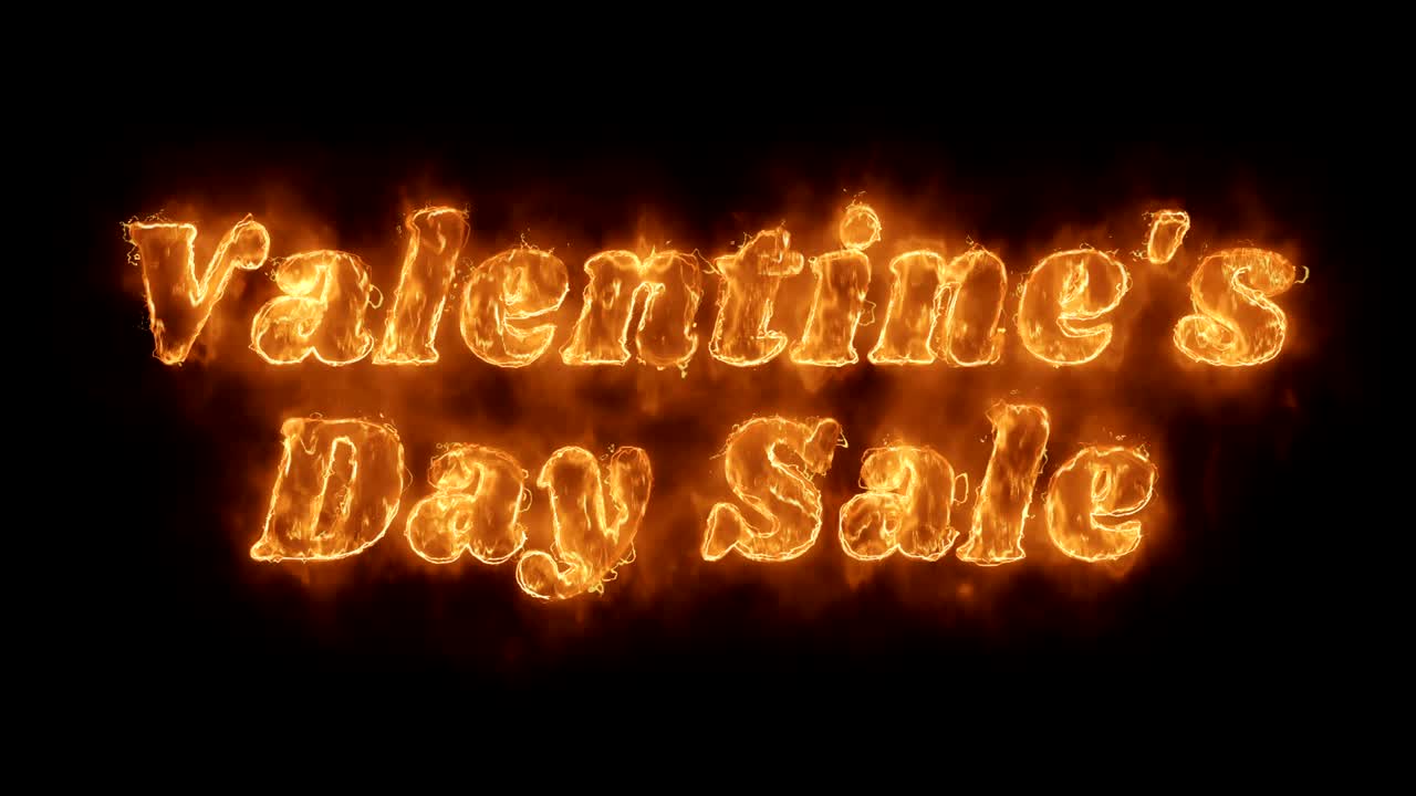 palabra de venta del día de san valentín animada caliente que quema un bucle de llama de fuego realista.