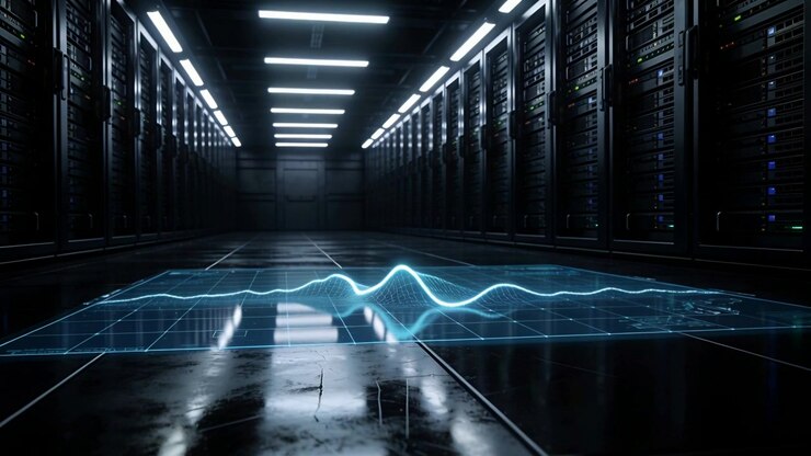 Su uno stivale che proietta una griglia ologramma blu, una forma d'onda pulsa lungo il corridoio del server, tra le file di rack