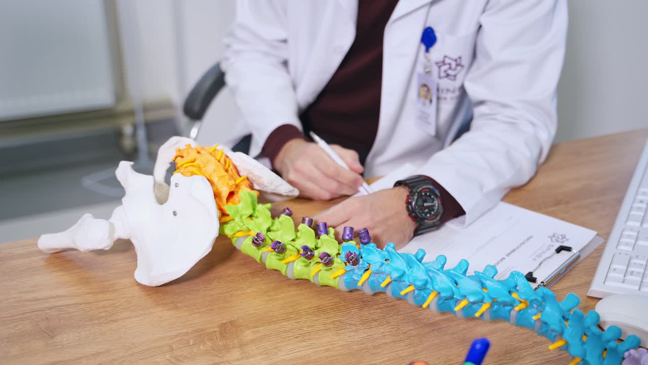 Plastic model of a spine. Physiotherapist explaining the work of bones on a colorful spine model to patient in clinic. Close-up.
