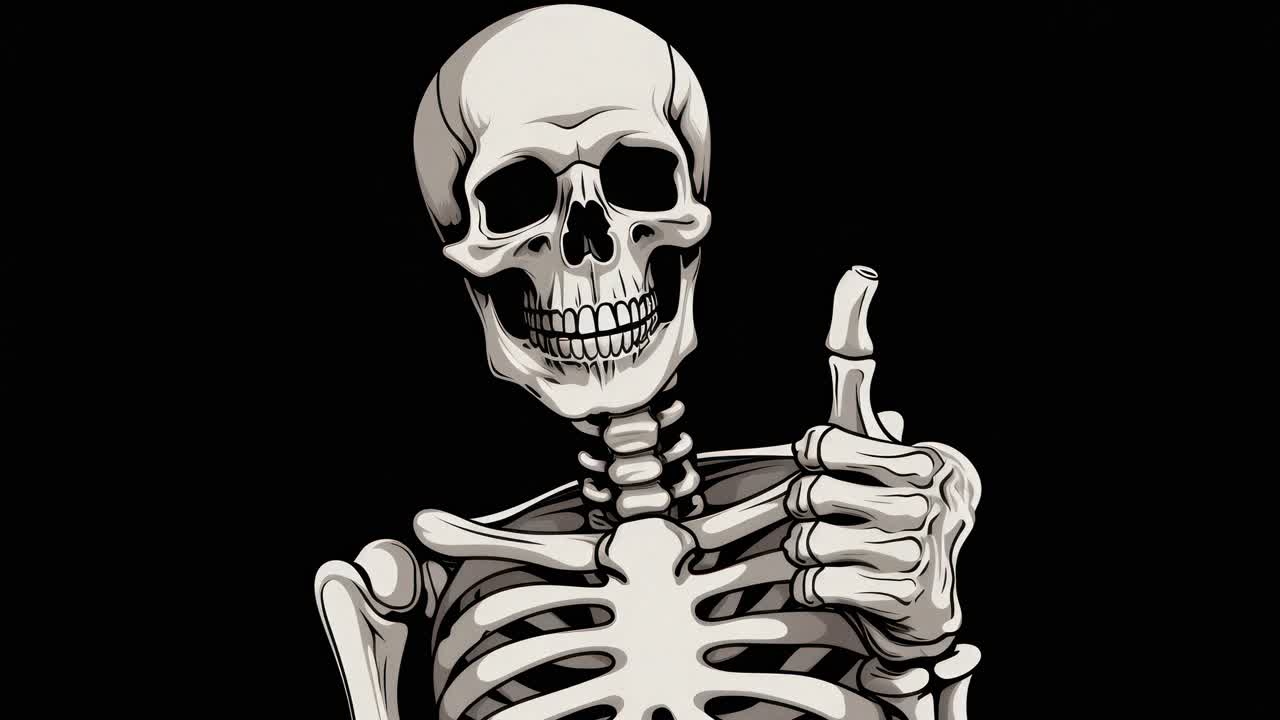 A stylized illustration of a skeleton giving a thumbs-up, captured from a front angle