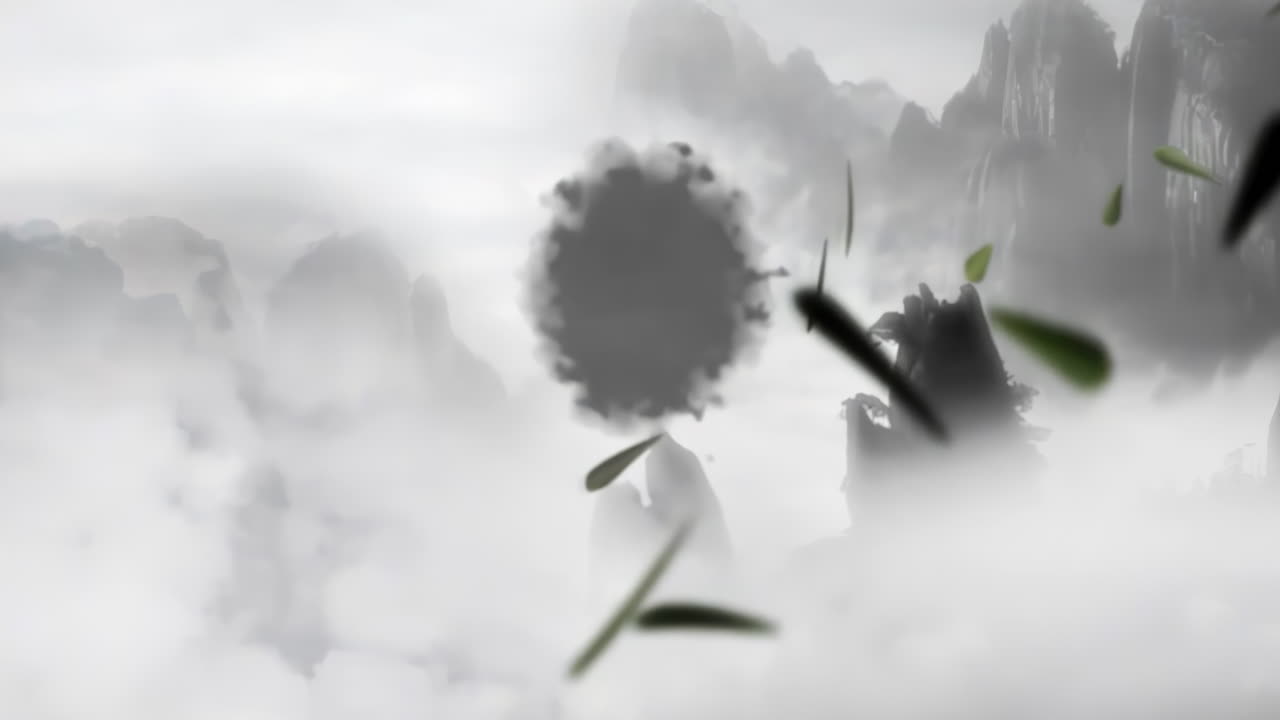 낮에는 고대 중국 전통 일본 풍경 잉크 그림 아름다운 평온한 나무, 산, 꽃, 호수, 물, 새, 파란 하늘, 배, 체리 꽃의 계절