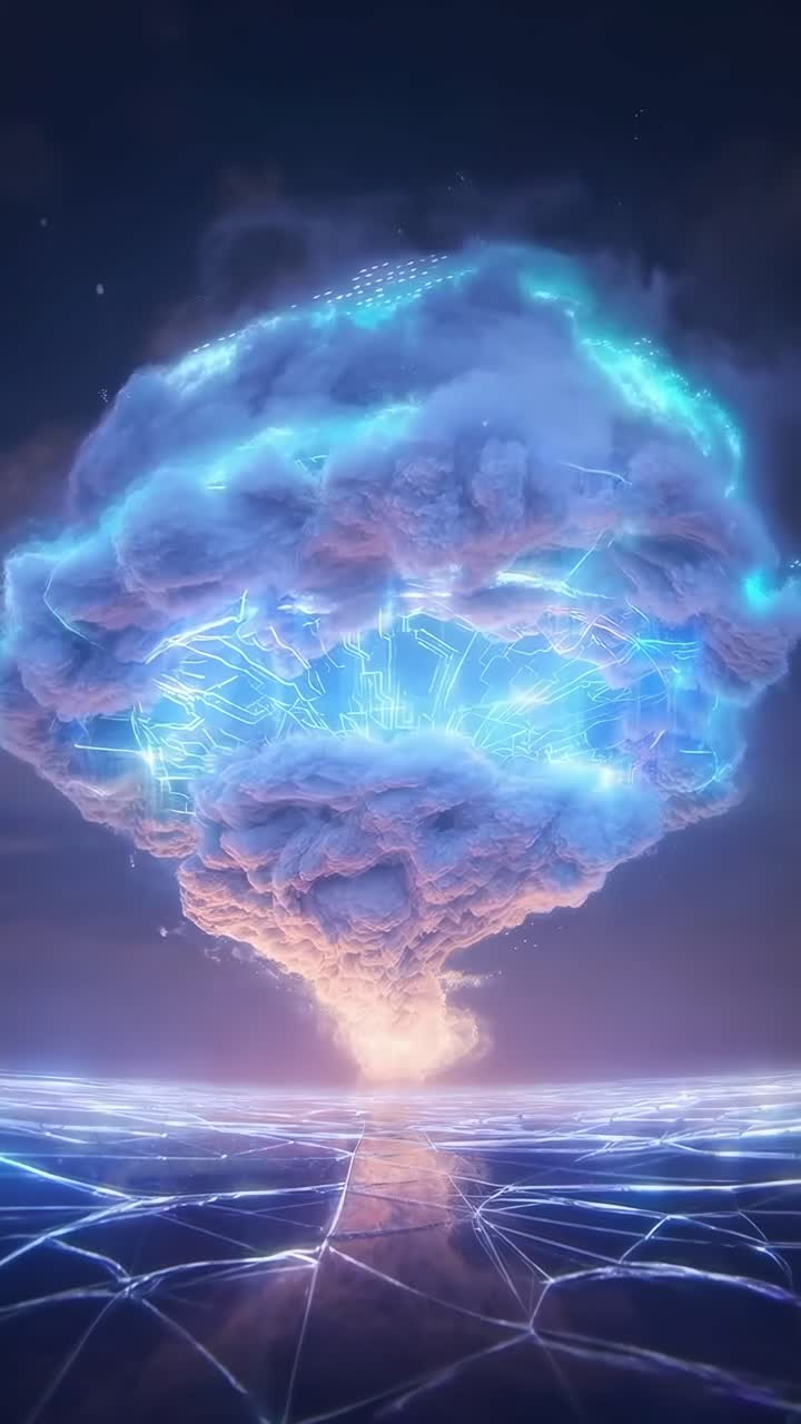 Esplosione futuristica di nuvole da una angolazione bassa, illuminata con effetti digitali, ideale per i video