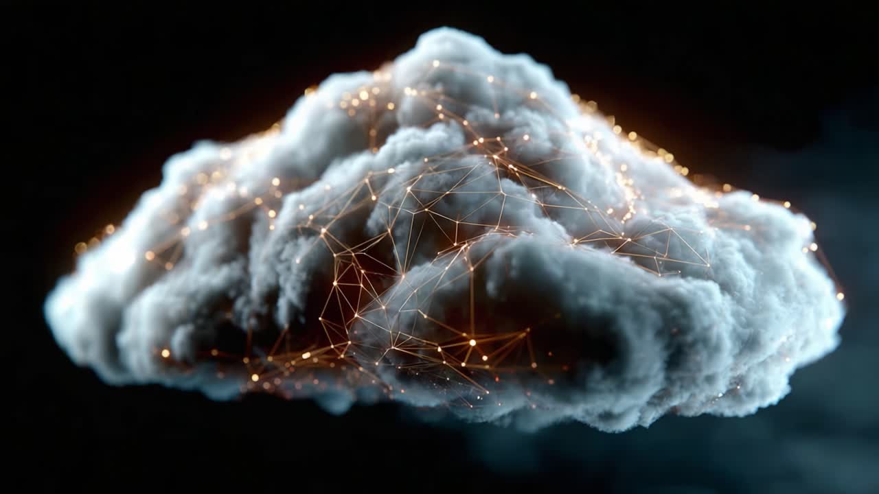 A visually stunning representation of a cloud illuminated by intricate glowing connections, showcasing the fusion of nature and technology in a captivating digital aesthetic