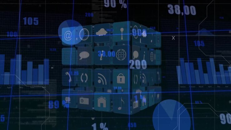 Animation of cube with icons and data processing on black background