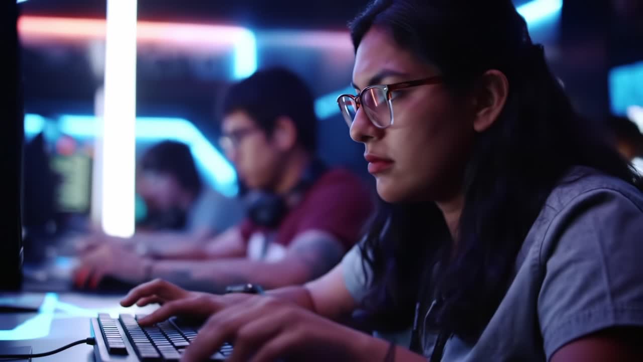 Focused Gamer Engaged in Competitive Gaming Environment with High-Tech Setup, Illuminated Screens, and Intense Concentration Showcasing Skill and Strategy