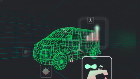animación de múltiples iconos digitales sobre un modelo de furgoneta 3d que se mueve en un patrón sin costuras en un túnel