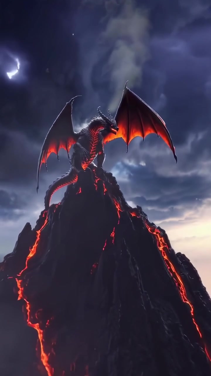 Drago nero appollaiato sulla cima di un vulcano attivo