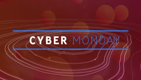Animation-of-cyber-monday-text-banner-against-topography-and-spots-of-light-on-red-background