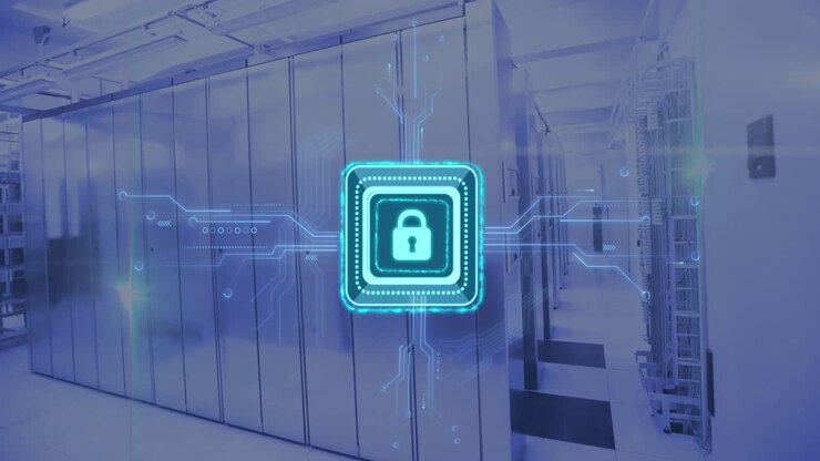 Animation of digital data processing, padlock icon, circuit board and computer servers
