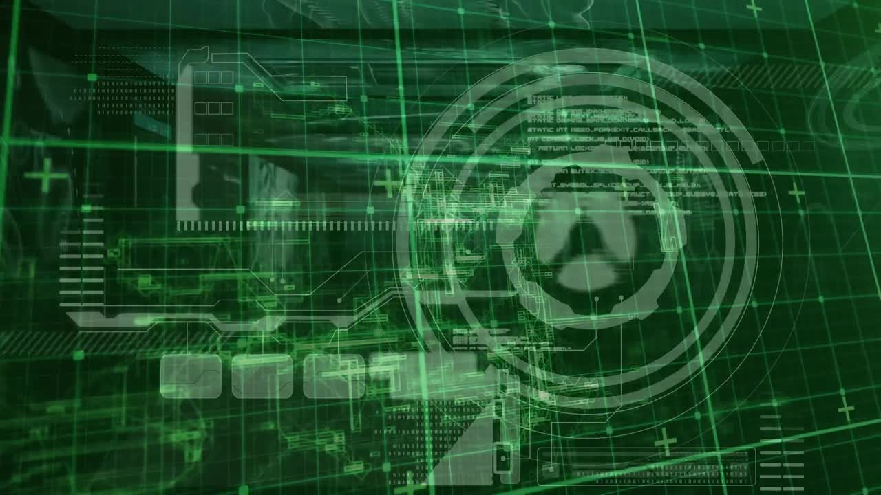 Animation of green grid over circular scanner and processing green data, on green background