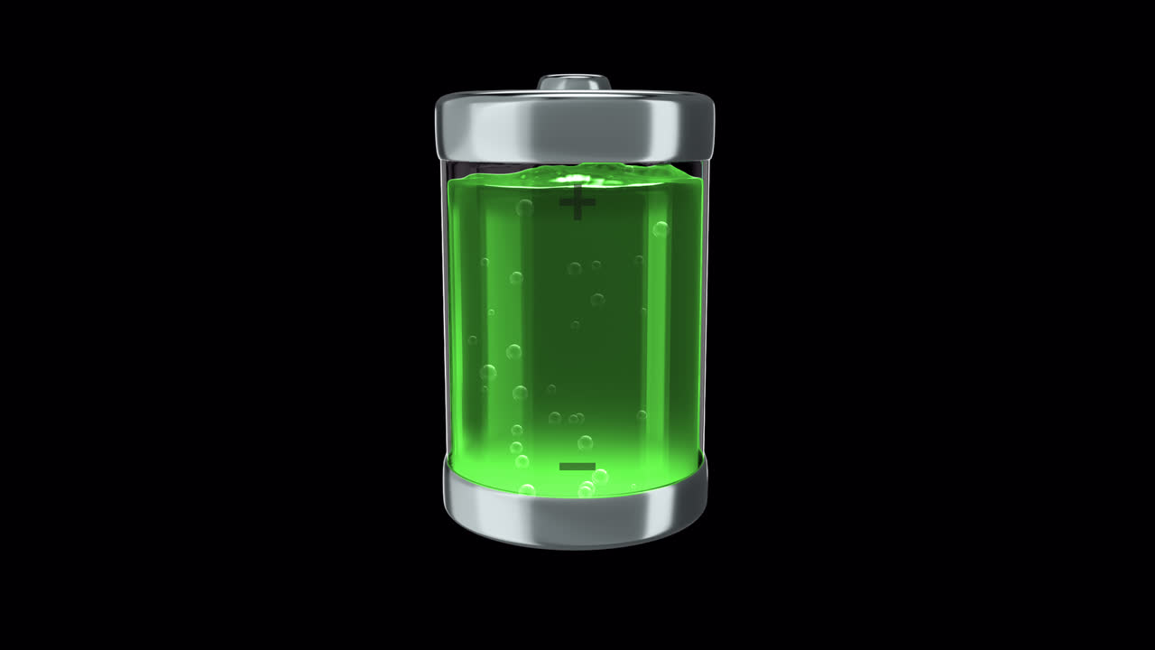 Carica ecologica della batteria con liquido verde, indicatori del livello di carica con canale alfa.