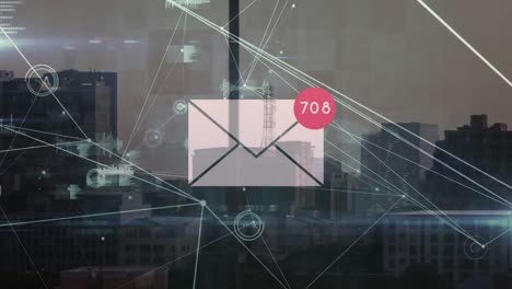 animación de la red de conexiones con correo electrónico a través de cityscape