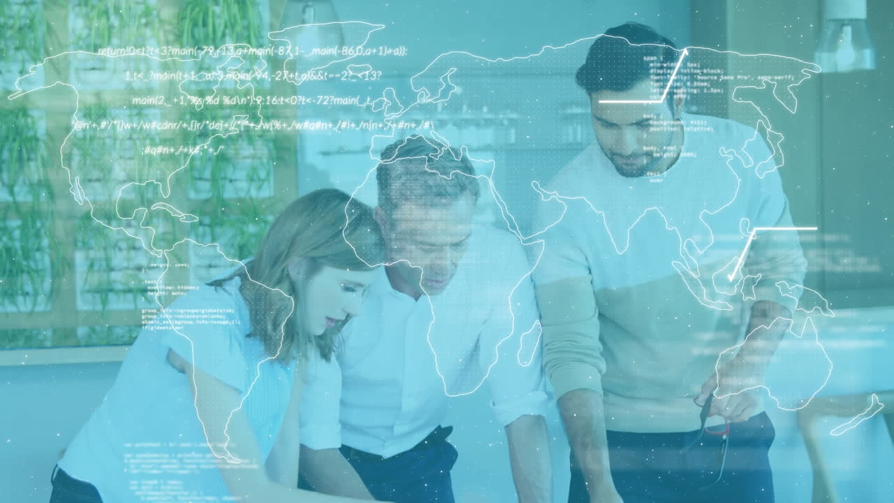 Animation of male and female architects looking at plans with financial data processing