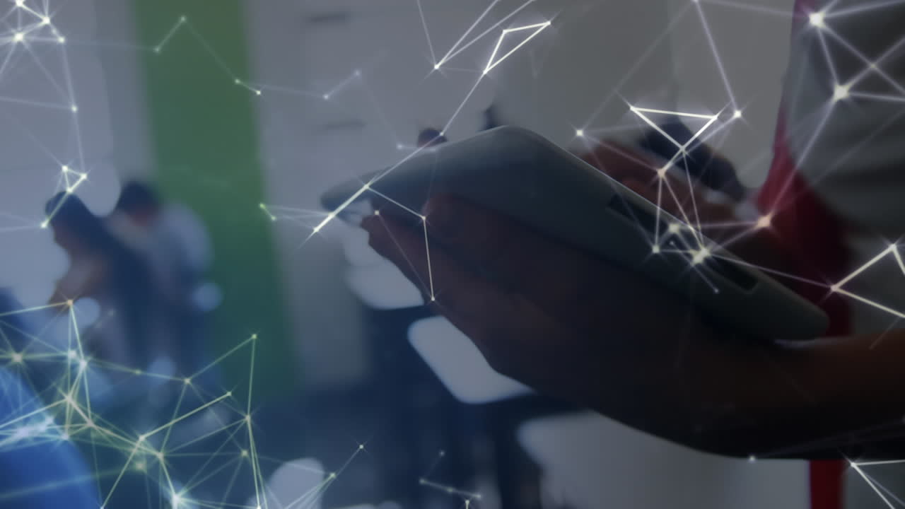 Network of connections against female student using digital tablet