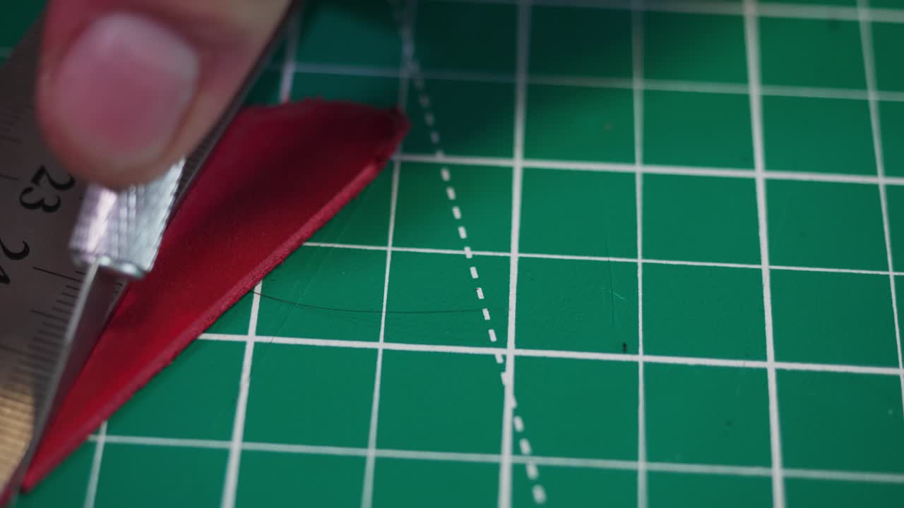 In un laboratorio, un conciatore misura e taglia la pelle rossa usando un righello e un coltello. L'attenzione è sul processo accurato di preparazione della pelle per futuri progetti