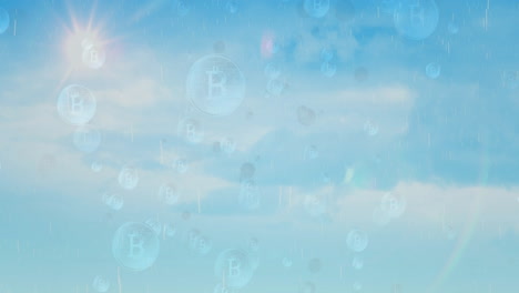 bitcoin symbols inside bubbles floating over blue sky with clouds