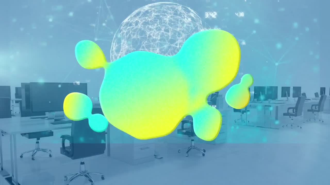 빛나는  ⁇ 어리의 애니메이션과 빈 사무실 위의 데이터 처리