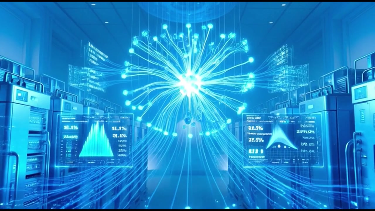Futuristic Data Center with Glowing Digital Network Visualization