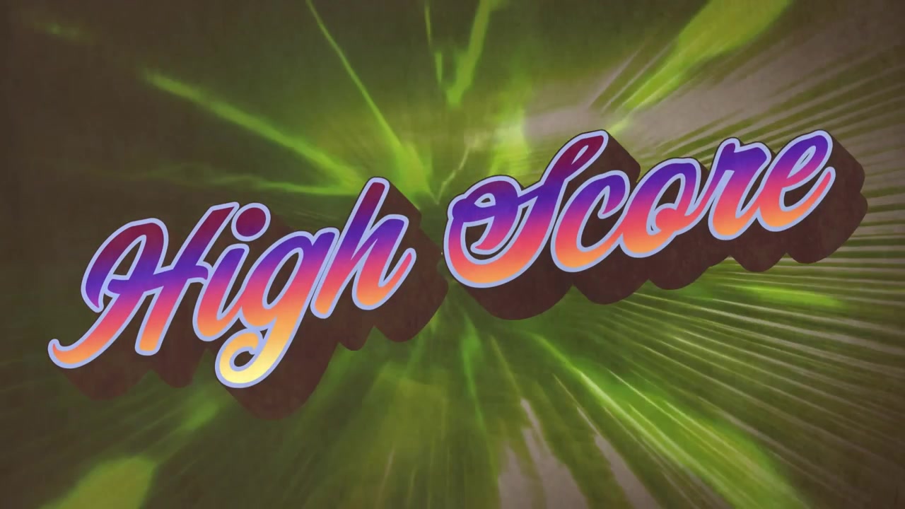 Retro High Score Text Animation on Green Light Ray Background