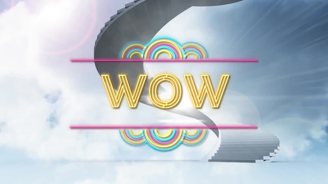 ⁇ 박이는 네온 장식과 나선형 계단과 하늘로 노란 글자로 와우 텍스트의 애니메이션