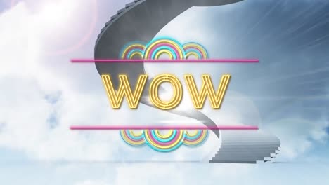 animación del texto wow en letras amarillas con decoración de neón parpadeante y escalera de caracol y cielo
