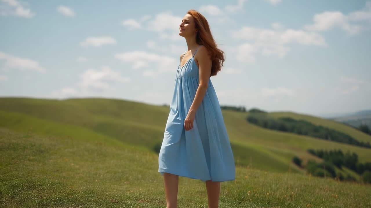 Walking red-haired woman taking slow steps on grassy hillside, feeling breeze lifting blue sundress