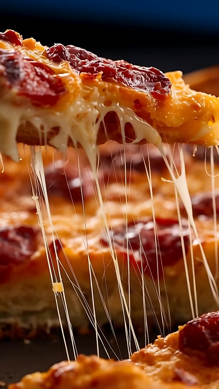 Video verticale: Sollevamento di una fetta di pizza ai peperoni, con il formaggio che si allunga dalla base sul tavolo, pronta per essere servita.